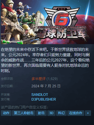 《地球防卫军6》在Steam上遭遇多半负评：强制联机依赖Epic用户引发玩家不满